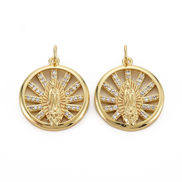 

PandaHall Brass Micro Pave Cubic Zirconia Pendants, with Jump Rings, Nickel Free, Flat Round with Virgin, Real 16K Gold Plated..., Clear