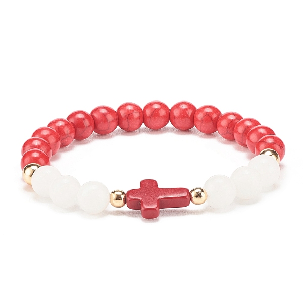 

PandaHall Natural White Jade & Synthetic Turquoise(Dyed) Stretch Bracelet with Cross, Gemstone Jewelry for Women, Red, Inner Diameter: 2-1/8...
