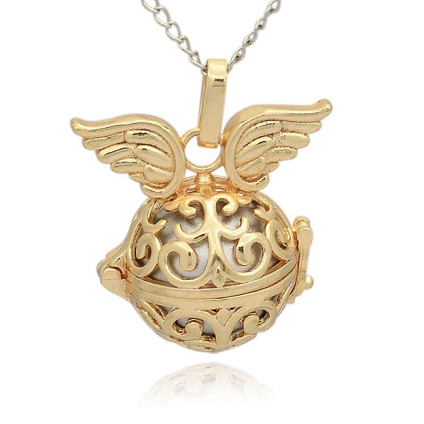 

PandaHall Golden Tone Brass Hollow Round Cage Pendants, with No Hole Spray Painted Brass Round Ball Beads, Round with Wing, Silver...
