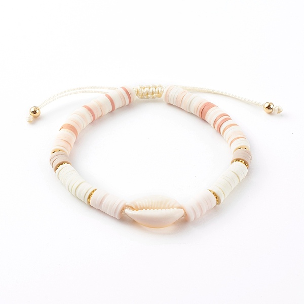 

PandaHall Adjustable Nylon Thread Braided Beads Bracelets, with Natural Cowrie Shell, Polymer Clay Heishi Beads and Brass Beads, Golden..., White