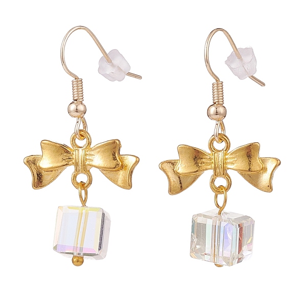

PandaHall Alloy Bowknot with Clear Glass Cube Dangle Earrings, Brass Jewelry for Women, Golden, 41.5mm, Pin: 0.7mm Glass White