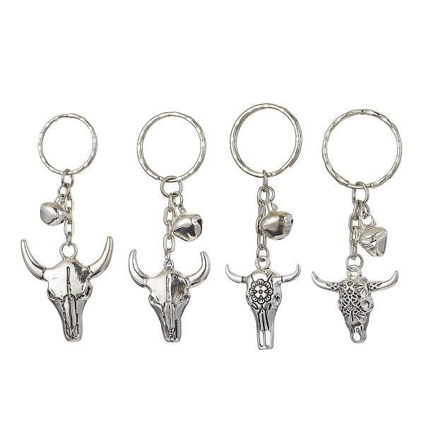 

PandaHall Tibetan Style Alloy Bull Head Kcychain, with Iron Findings and Bells Charm, Antique Silver & Platinum, 7.5cm, 4pcs/set Alloy Other...