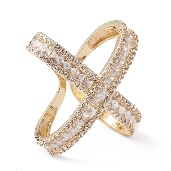 

PandaHall Clear Cubic Zirconia Criss Cross Open Cuff Ring, Rack Plating Brass Wide Chunky Ring for Women, Lead Free & Cadmium Free, Real 18K...