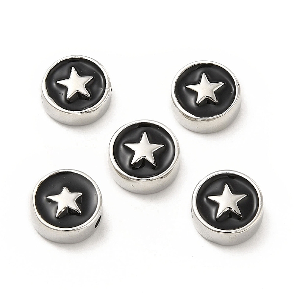 

PandaHall Brass Enamel Beads, Flat Round with Star, Platinum, Black, 10.8x4.6mm, Hole: 2mm Brass+Enamel Flat Round Black