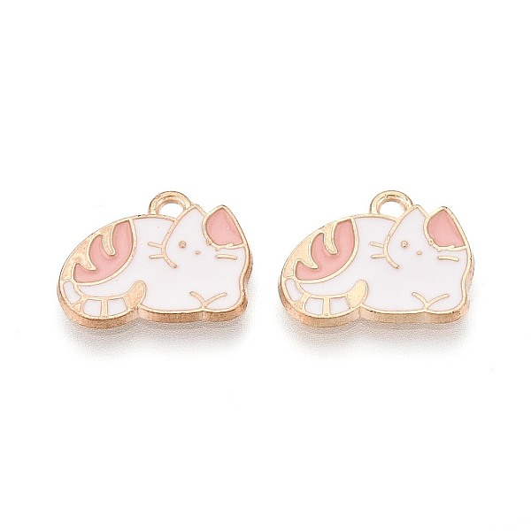 Pendentifs en alliage et émail, forme de chat, sans cadmium et sans plomb, or clair, blanc, 13x16x1.5mm, Trou: 1.6mm