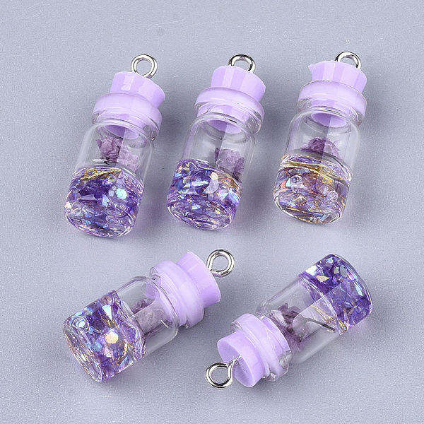 

PandaHall Glass Bottle Pendant Decorations, with Resin Rhinestone & Stopper, Dried Flower and Iron Findings, Platinum, Lilac, 26~27x9.5~10mm..., Purple