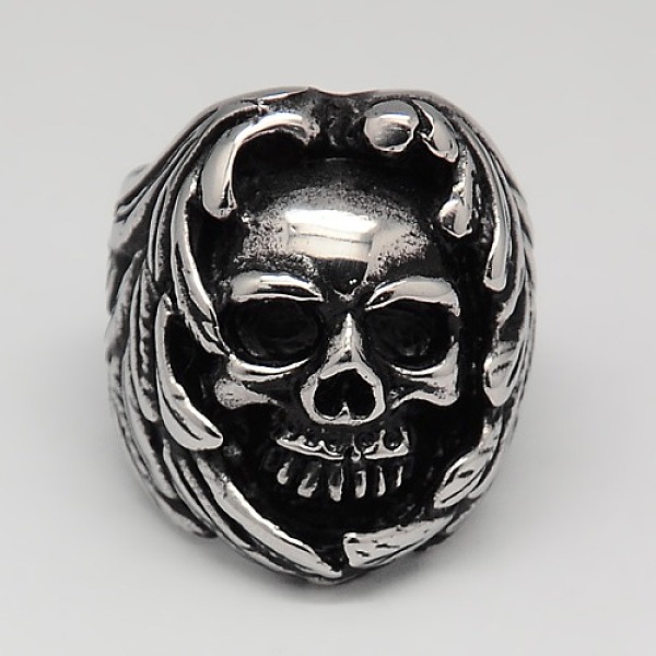 PandaHall Unique Retro Halloween Jewelry Skull Rings for Men, 304 Stainless Steel Wide Rings, Antique Silver, 17~23mm 304 Stainless Steel