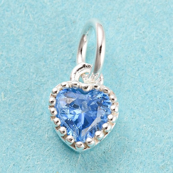 PandaHall 925 Sterling Silver Charms, with Cubic Zirconia, Faceted Heart, Silver, Cornflower Blue, 7x5x3mm, Hole: 3mm Cubic Zirconia Heart