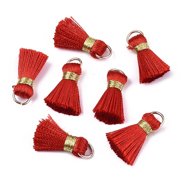 

PandaHall Handmade Polycotton(Polyester Cotton) Tassel Decorations, Pendant Decorations, with Golden Iron Loops, Red, 17~21x10x5mm, Jump...