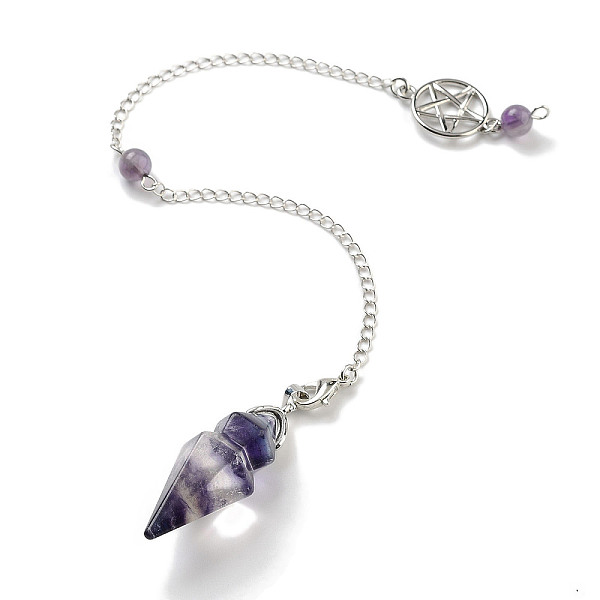 

PandaHall Natural Fluorite Pointed Dowsing Pendulums, with Rack Plating Brass Findings, Cone, 235mm Fluorite Cone