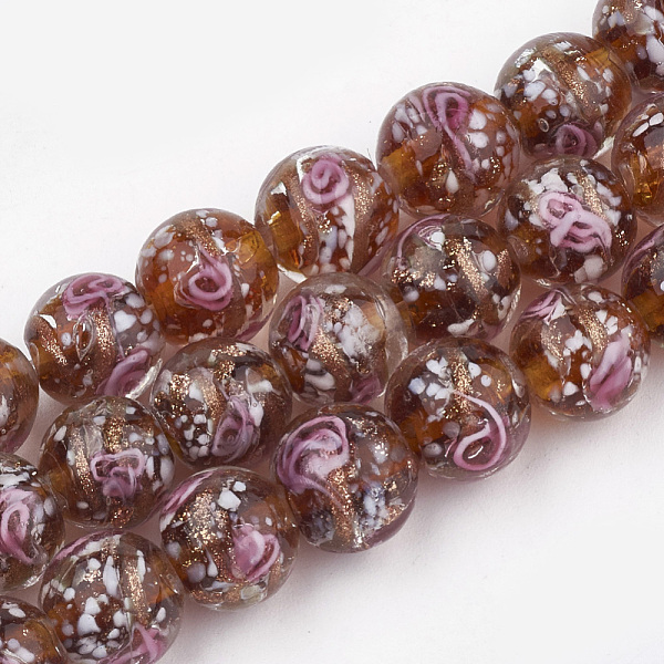 

PandaHall Handmade Gold Sand Lampwork Beads, Inner Flower, Round, Chocolate, 10~10.5x9~10mm, Hole: 1.5~2mm Lampwork Round Brown