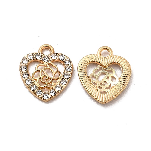 

PandaHall Alloy Crystal Rhinestone Charms, Heart with Hollow Rose Charm, Light Gold, 15x13x2mm, Hole: 1.8mm Alloy+Rhinestone Heart Clear