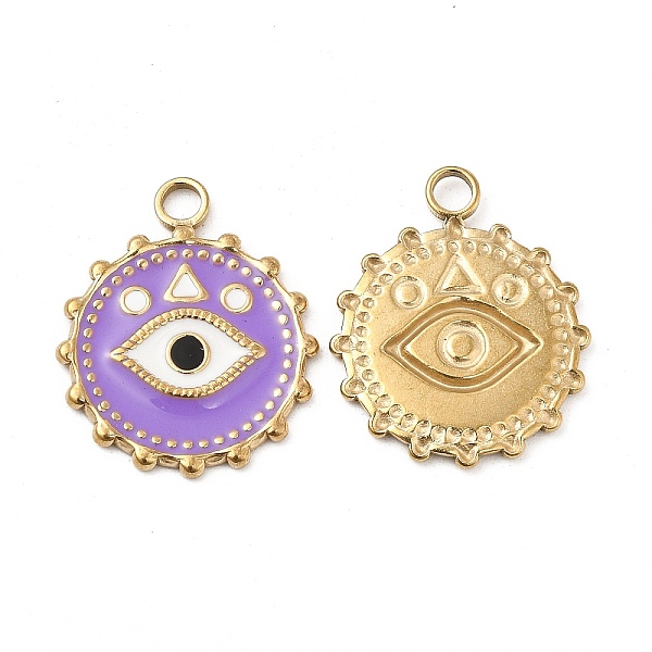 

PandaHall Vacuum Plating 201 Stainless Steel Enamel Pendants, Real 18K Gold Plated, Flat Round with Eye Charm, Medium Purple, 21.5x18x1.5mm...