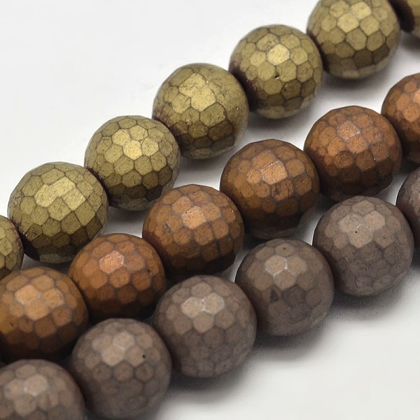 

PandaHall Electroplate Non-magnetic Synthetic Hematite Beads Strands, Faceted Round, Frosted, Mixed Color, 9.5~10mm, Hole: 1mm, about...