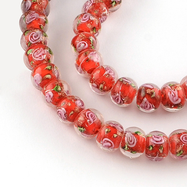 

PandaHall Handmade Rondelle Gold Sand Inner Flower Lampwork Beads, Red, 10~11x8mm, Hole: 1.5~2mm Lampwork Rondelle Red