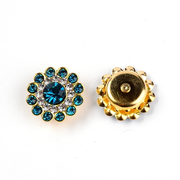 

PandaHall Rhinestone Buttons, with Golden Tone Zinc Alloy Findings, Flower, Blue Zircon, 14x5mm, 200pcs/bag Glass Rhinestone Flower Cyan