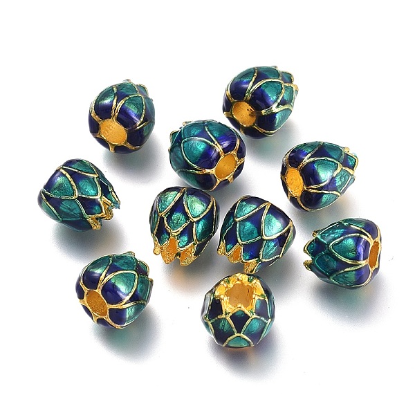 

PandaHall Golden Plated Alloy European Beads, Large Hole Beads, with Enamel, Lotus, Dark Cyan, 9x8.5mm, Hole: 3.5mm Alloy+Enamel Flower