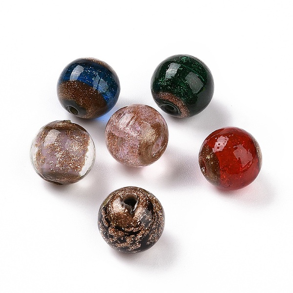 

PandaHall Handmade Gold Sand Lampwork Beads, Round, Mixed Color, 14.5x13.5~14mm, Hole: 1.6~2mm Lampwork Round Multicolor