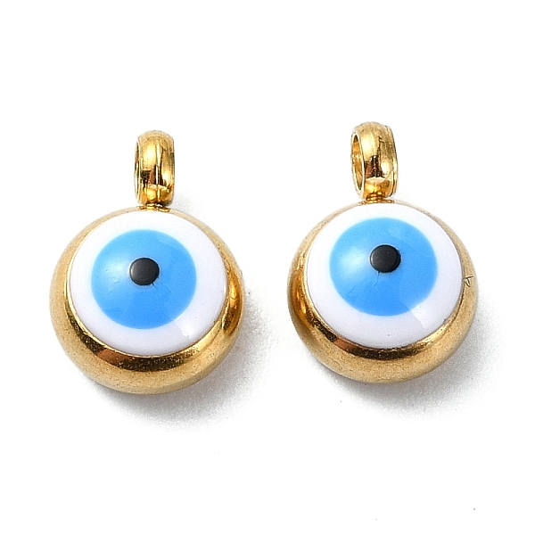 

PandaHall Ion Plating(IP) Real 18K Gold Plated 201 Stainless Steel Charms, with Enamel, Evil Eye Charms, White, 8x5.5x4mm, Hole: 1.6mm...