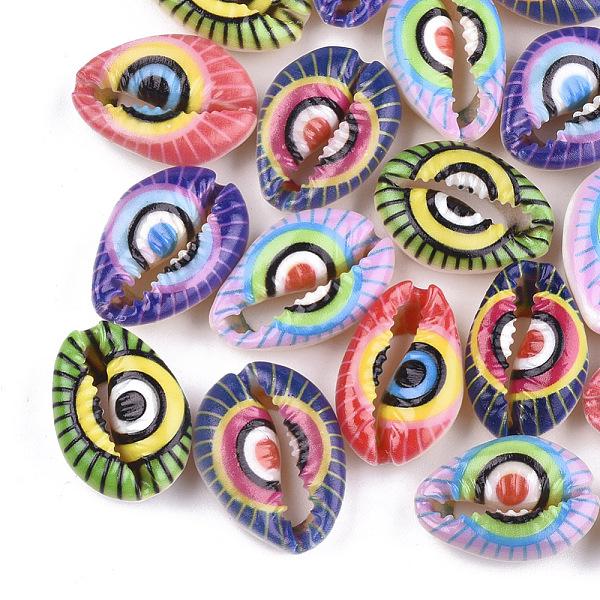 

PandaHall Printed Natural Cowrie Shell Beads, No Hole/Undrilled, Mixed Color, 20~25x13~17x7~8mm Cowrie Shell Shell Shape Multicolor