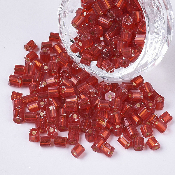 PandaHall 6/0 Two Cut Glass Seed Beads, Hexagon, Silver Lined, Red, 3.5~5x3.5~4mm, Hole: 1mm, about 4500pcs/bag Glass Red