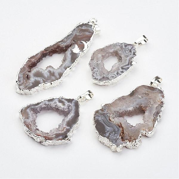 

PandaHall Natural Geode Agate Pendants, with Brass Findings, Nuggets, Silver Color Plated, 38~65x18~40x5~6mm, Hole: 5x7mm Natural Agate...