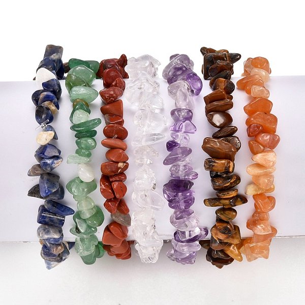 Chakra Jewelry, Chip Natural Gemstone Stretch Beaded Bracelets Sets, Stackable Bracelets, Inner Diameter: 2 inch(5cm), Bead: 6-15mm, 7pcs/set