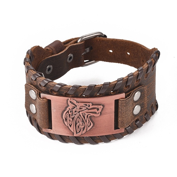

PandaHall Full Grain Leather Cord Bracelets, with Alloy Link and Watch Band Clasps, Rectangle with Wolf Head, Red Copper, 10-3/4 inch...