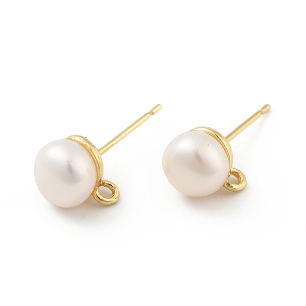 

PandaHall Natural Pearl Stud Earrings Findings, with Brass Findings and Horizontal Loops, Round, Cadmium Free & Lead Free, Real 18K Gold...