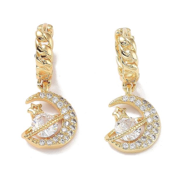 

PandaHall Real 18K Gold Plated Brass Dangle Hoop Earrings, with Cubic Zirconia, Moon, Clear, 25x11mm Cubic Zirconia Moon Clear
