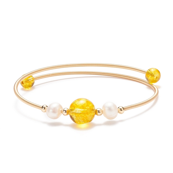 

PandaHall Natural Citrine(Dyed & Heated) & Quartz Crystal(Dyed & Heated) & Pearl Round Beaded Bangle, Brass Torque Bangle for Women, Golden...