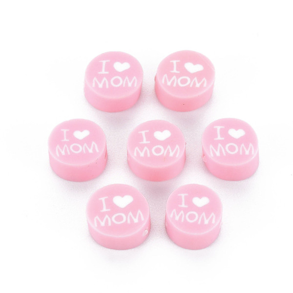 

PandaHall Handmade Polymer Clay Beads, Mother's Day Theme, Flat Round with Word I Love MOM, Pink, 8~9.5x3.5~4.5mm, Hole: 1.5mm Polymer Clay...