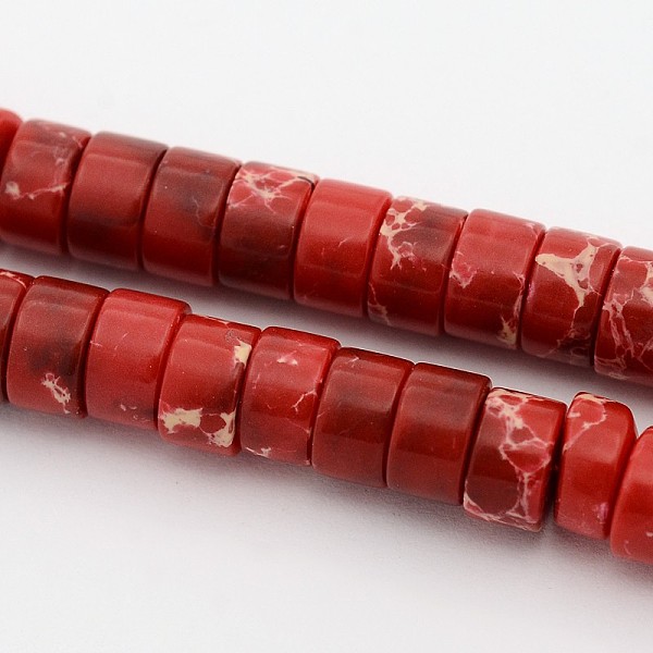 

PandaHall Synthetic Imperial Jasper Beads Strands, Dyed, Heishi Beads, Flat Round/Disc, Dark Red, 6~6.5x4mm, Hole: 0.5mm, about...