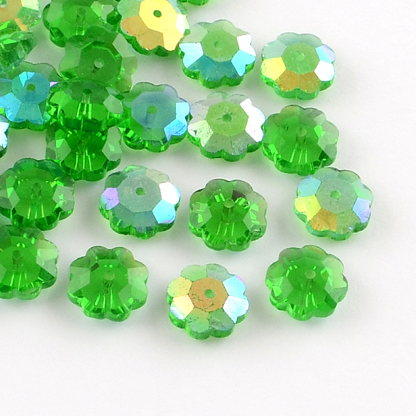 

PandaHall AB-Color Plated Flower Transparent Glass Beads, Marguerite Beads, Faceted, Green, 9.5~10x4mm, Hole: 1mm Glass Flower Green