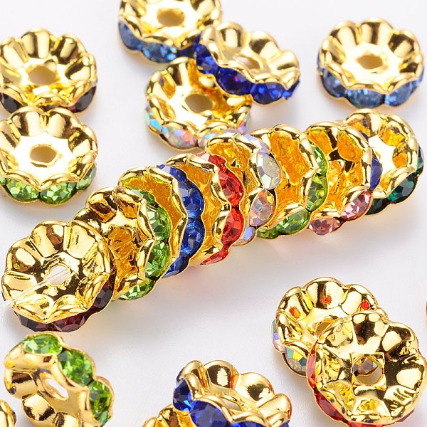 

PandaHall Brass Rhinestone Spacer Beads, Grade AAA, Wavy Edge, Nickel Free, Golden Metal Color, Rondelle, 10x4mm, Hole: 2mm Brass+Rhinestone..., Multicolor