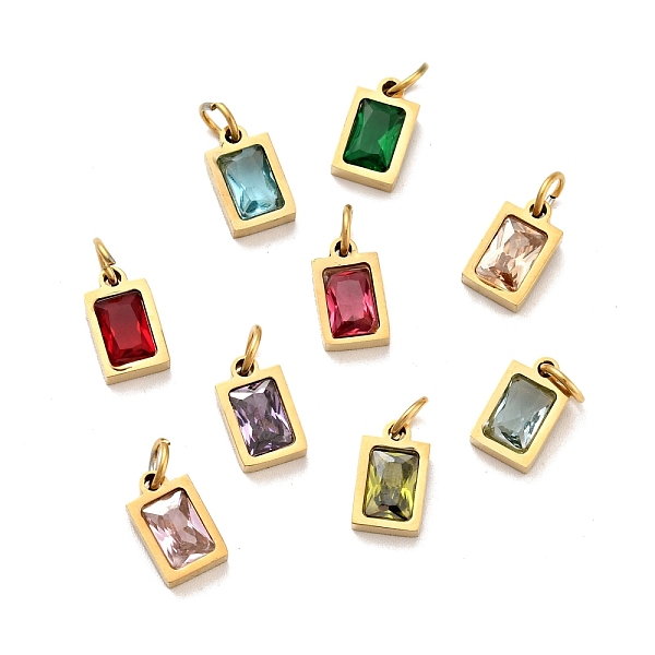 

PandaHall Vacuum Plating 304 Stainless Steel Pendants, with Cubic Zirconia and Jump Rings, Single Stone Charms, Rectangle, Golden, Mixed..., Multicolor