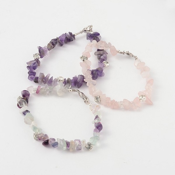

PandaHall Natural Gemstone Bead Bracelets, with Rhinestone and Brass Lobster Claw Clasps, Platinum, 190mm Mixed Stone Clear