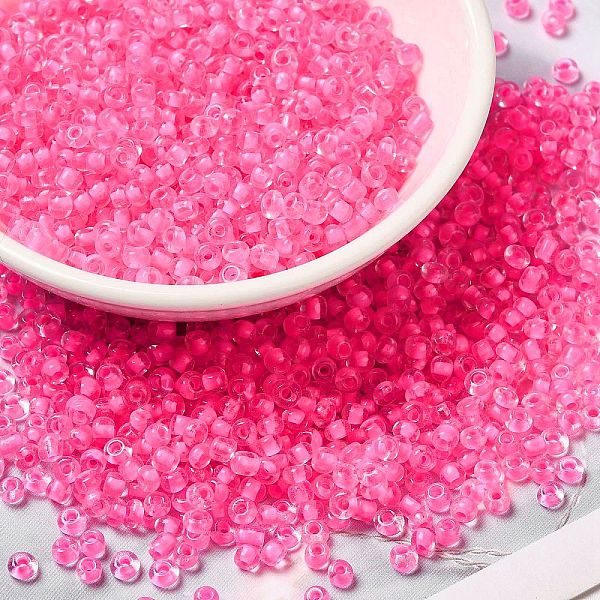 

PandaHall 8/0 Transparent Glass Seed Beads, Inside Colours, Round Hole, Round, Hot Pink, 3~3.5x2mm, Hole: 1~1.2mm, about 450g/bag Glass
