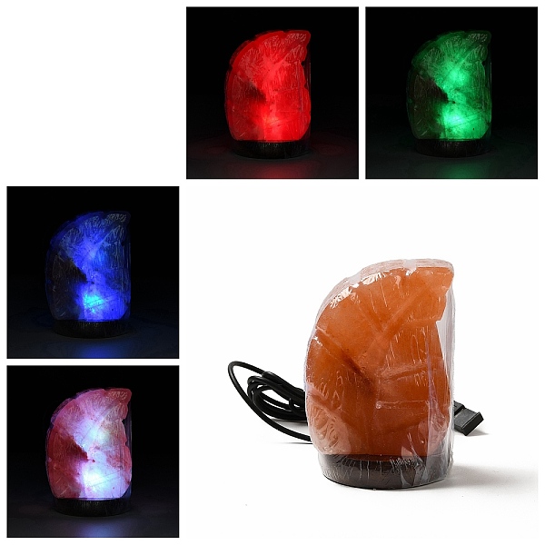 PandaHall USB Natural Himalayan Rock Salt Lamp, with Multi-Color Changing Bulb(200W), Wood Base, Leaf, 75x73x115mm Himalayan Salt Leaf