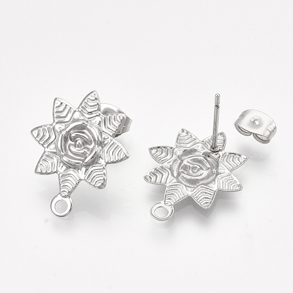 

PandaHall 304 Stainless Steel Stud Earring Findings, with Loop and Ear Nuts/Earring Backs, Flower, Stainless Steel Color, 20x17mm, Hole...