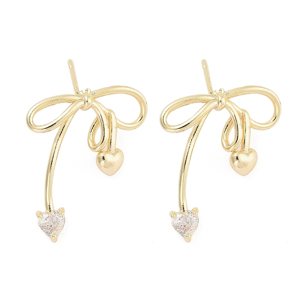 Heart Bowknot Brass Pave Clear Cubic Zirconia Stud Earrings For Women