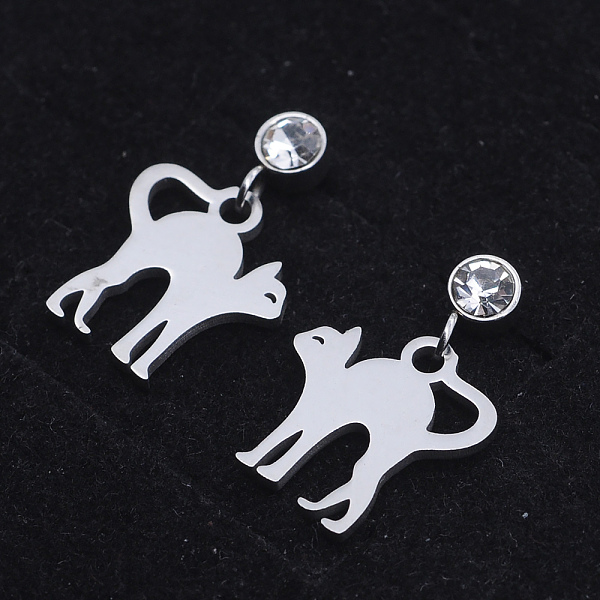 

PandaHall 201 Stainless Steel Kitten Dangle Stud Earrings, with Clear Cubic Zirconia, Stretching Cat, Stainless Steel Color, 18mm, Pin...