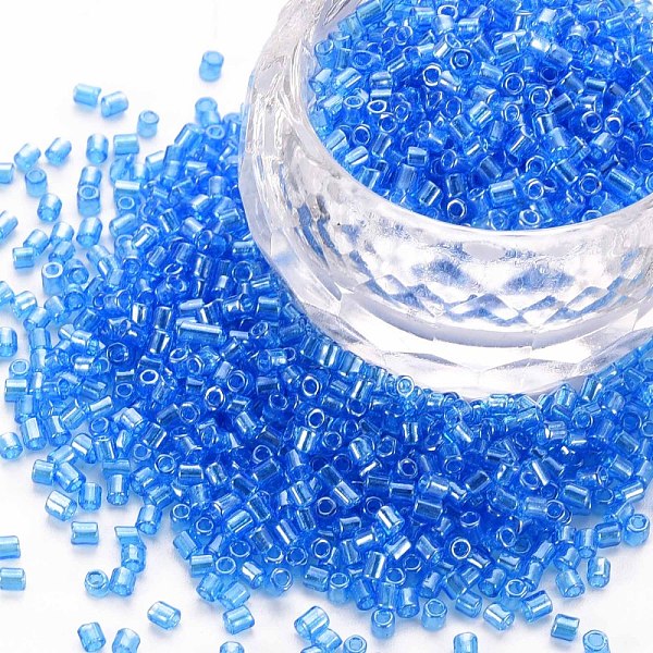 

PandaHall Glass Bugle Beads, Transparent Colours Luster, Dodger Blue, 2.5~3x2mm, Hole: 0.9mm, about 15000pcs/pound Glass