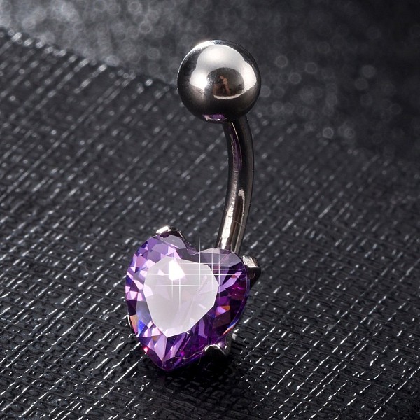 

PandaHall Piercing Jewelry, Brass Cubic Zirconia Navel Ring, Belly Rings, with 304 Stainless Steel Bar, Lead Free & Cadmium Free, Heart..., Purple