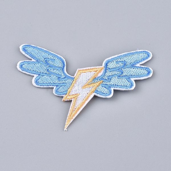 PandaHall Computerized Embroidery Cloth Iron on/Sew on Patches, Costume Accessories, Lightning with Wing, Sky Blue & Gold, 53x75x1.5mm Cloth...
