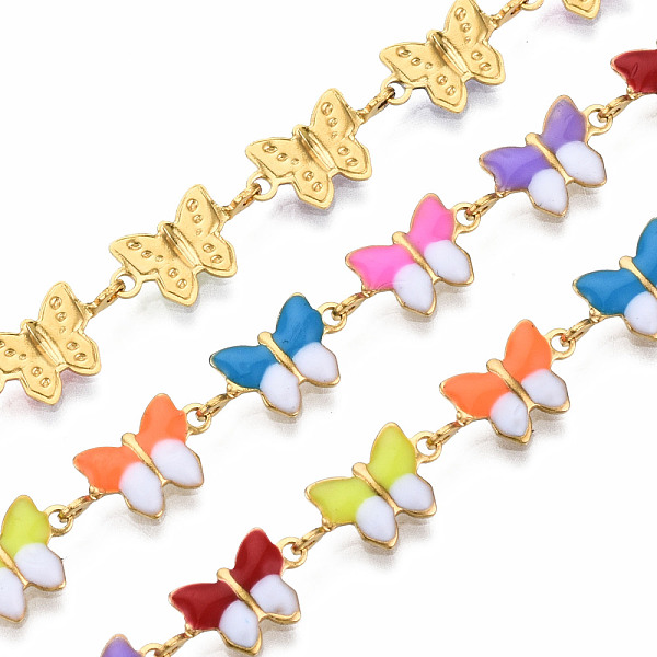 

PandaHall 304 Stainless Steel & Enamel Link Chains, with Spool, Unwelded, Real 16K Gold Plated, Nickel Free, Butterfly, Mixed Color..., Multicolor