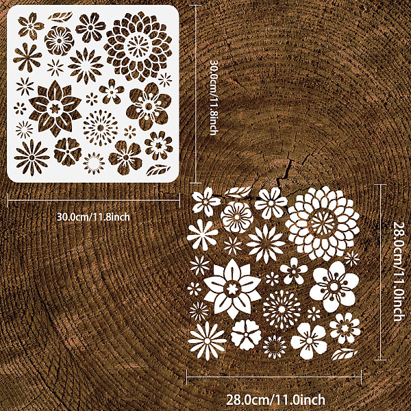 Fingerinspire 複数の花のステンシル 11.8x11.8 インチ再利用可能な花の葉の描画ステンシル DIY クラフト野生の花の絵画テンプレート植物ステンシル壁の塗装用木製ファブリック家具