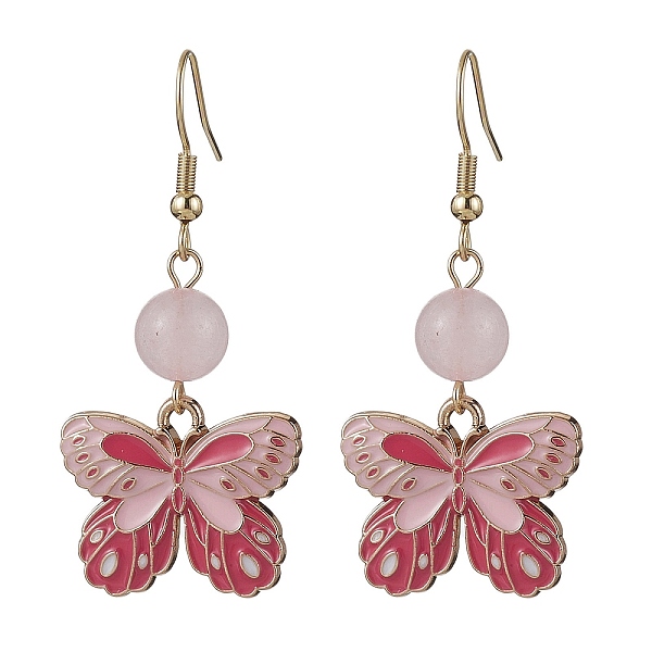 

PandaHall Alloy Enamel Butterfly Dangle Earrings, with Natural Rose Quartz Beads, 48x22mm Rose Quartz Butterfly Pink