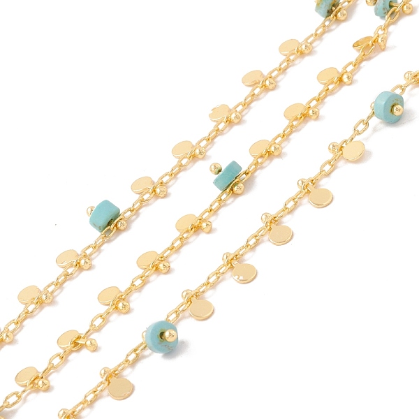 

PandaHall Natural Turquoise Column Beaded Chains, with Brass Paperclip Chains and Flat Round Charm, Soldered, with Spool, Lead Free &...