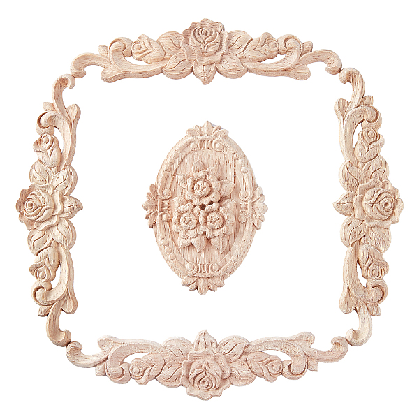 

PandaHall SUPERFINDINGS 5Pcs Wood Carved Onlay Applique Center Flower Long Applique Oval with Flower Solid Wood Applique Inlay Unpainted..., Orange